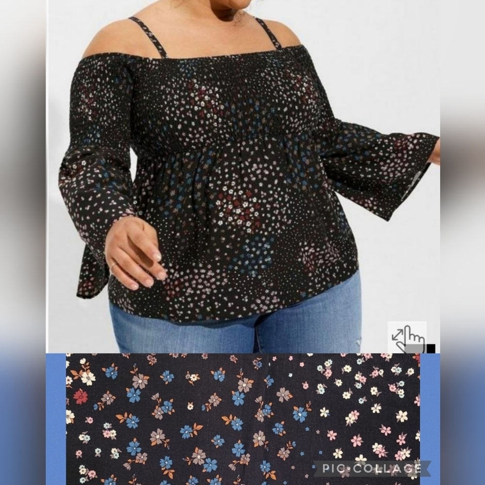 🆕️🖤3X BLACK & DAISY FLORAL CHALLIS COLD-SHOULDER SMOCKED BABYDOLL BLOUS